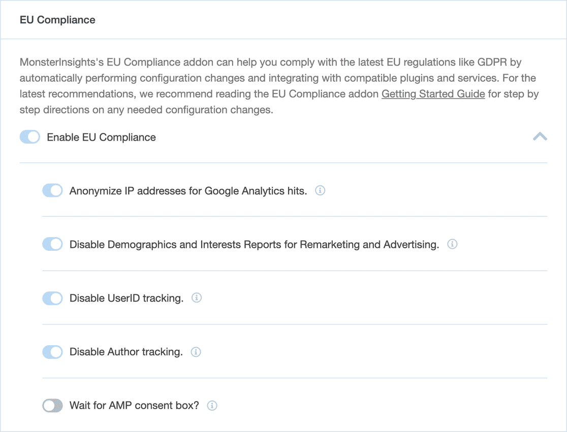 The MonsterInsights EU Compliance settings card showing Enable EU Compliance with the automatic privacy changes it applies listed below it, greyed out
