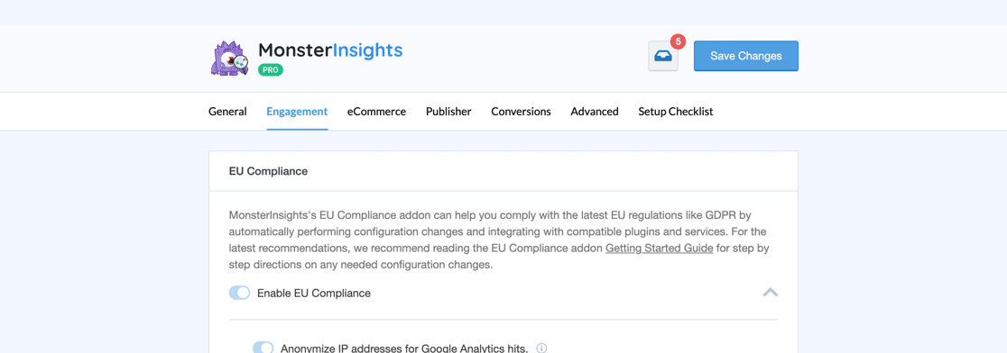 The MonsterInsights Settings screen with the Engagement tab selected and the EU Compliance card below it
