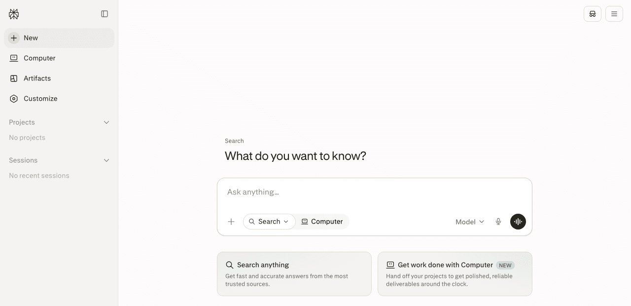 Perplexity AI homepage showing the Computer, Artifacts, and Projects sidebar features