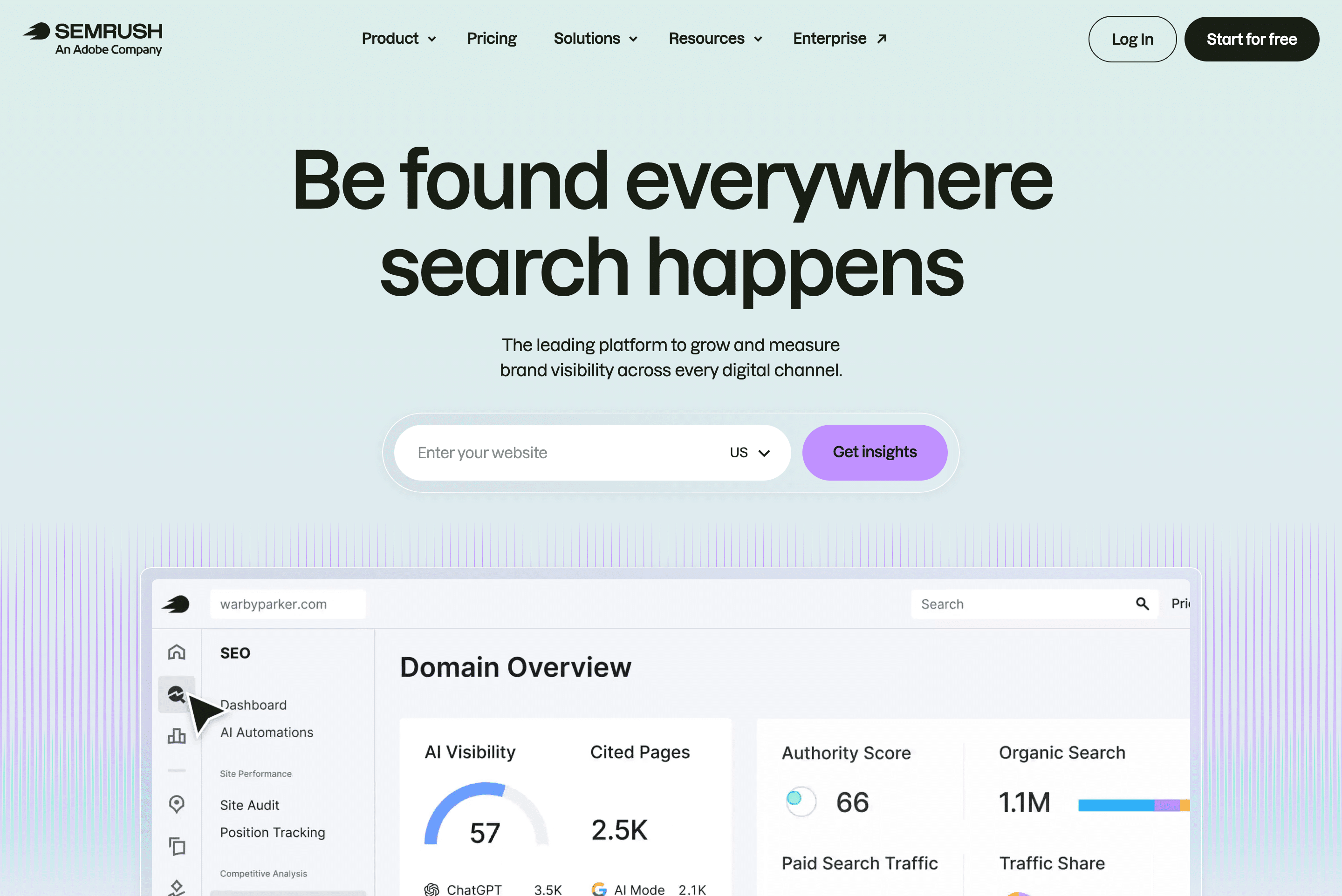 Screenshot of the current Semrush homepage (2026), showing the 'Semrush — An Adobe Company' logo and 'Be found everywhere search happens' headline, with a website search bar and a hero preview of the AI Visibility product dashboard showing Domain Overview, AI Visibility, Cited Pages, and Authority Score metrics.