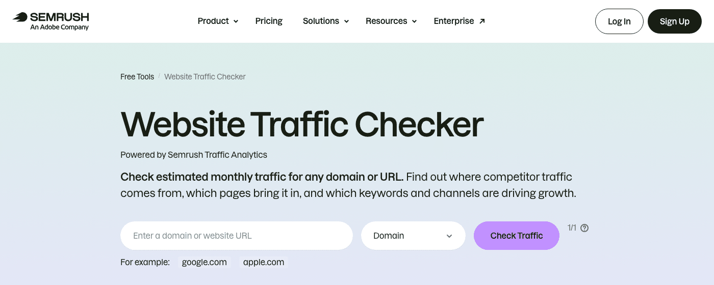 Semrush Website Traffic Checker tool page powered by Semrush Traffic Analytics