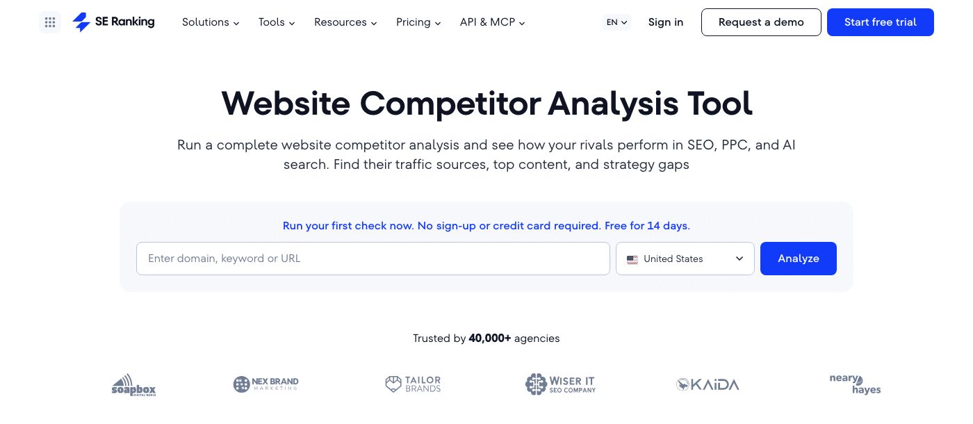 SE Ranking Website Competitor Analysis Tool page with domain search bar and Analyze button