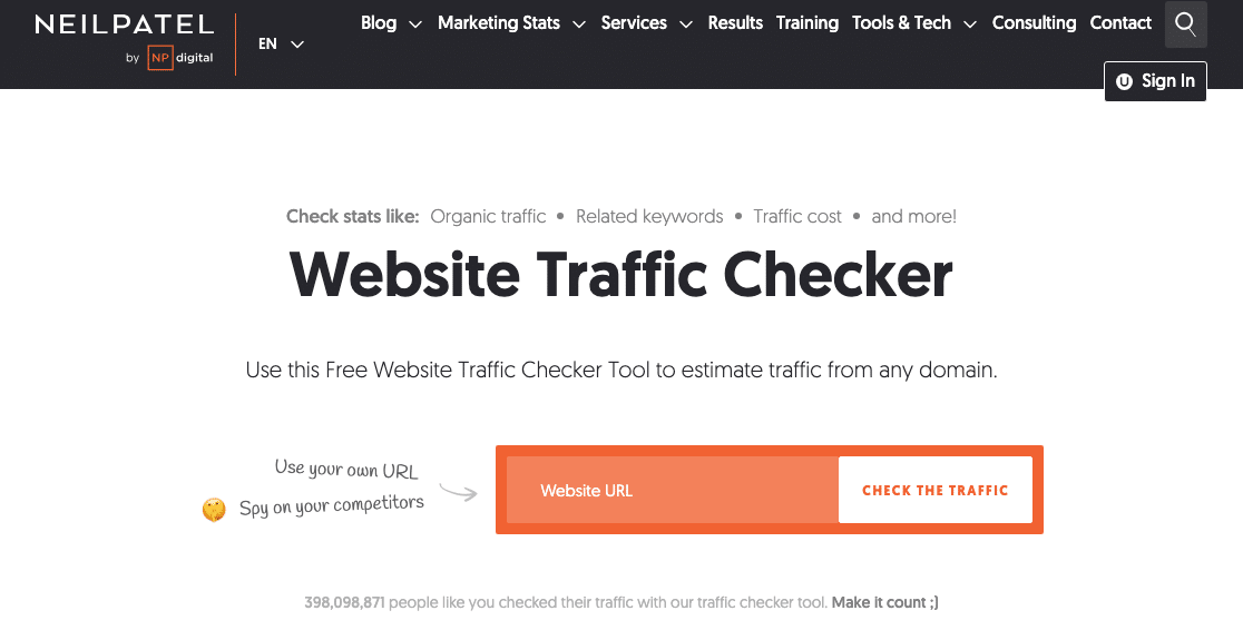 Neil Patel's Website Traffic Checker tool page
