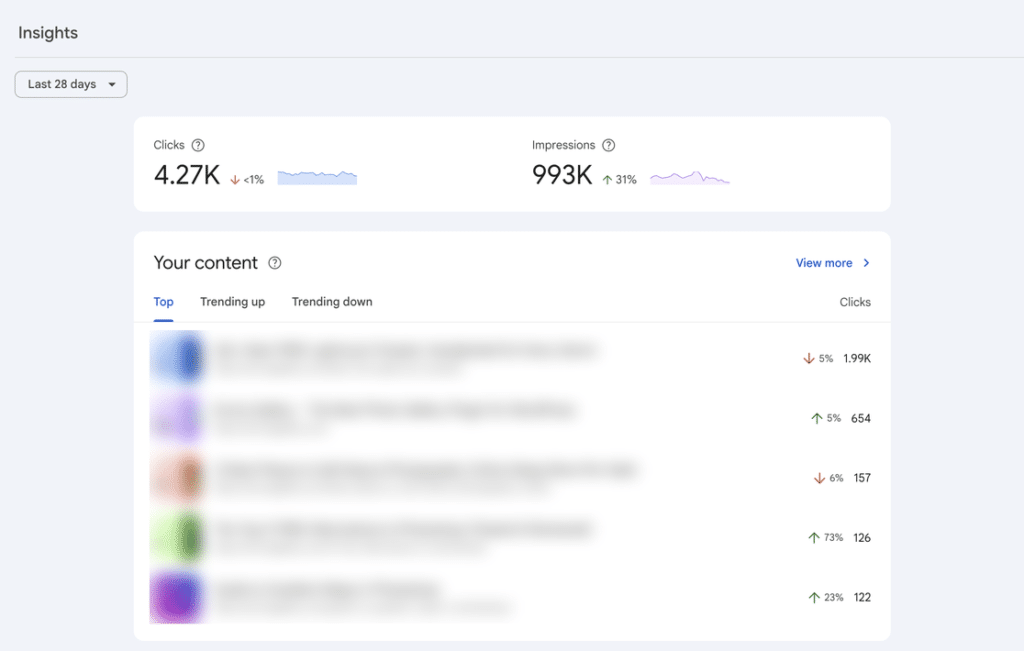 The Insights report in Google Search Console, showing clicks and impressions above a Your content list with Top, Trending up and Trending down tabs