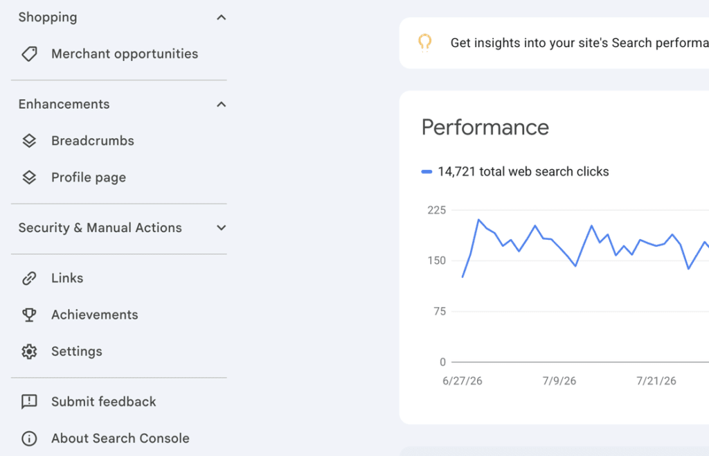 The Enhancements group in the Google Search Console navigation, listing Breadcrumbs and Profile page reports