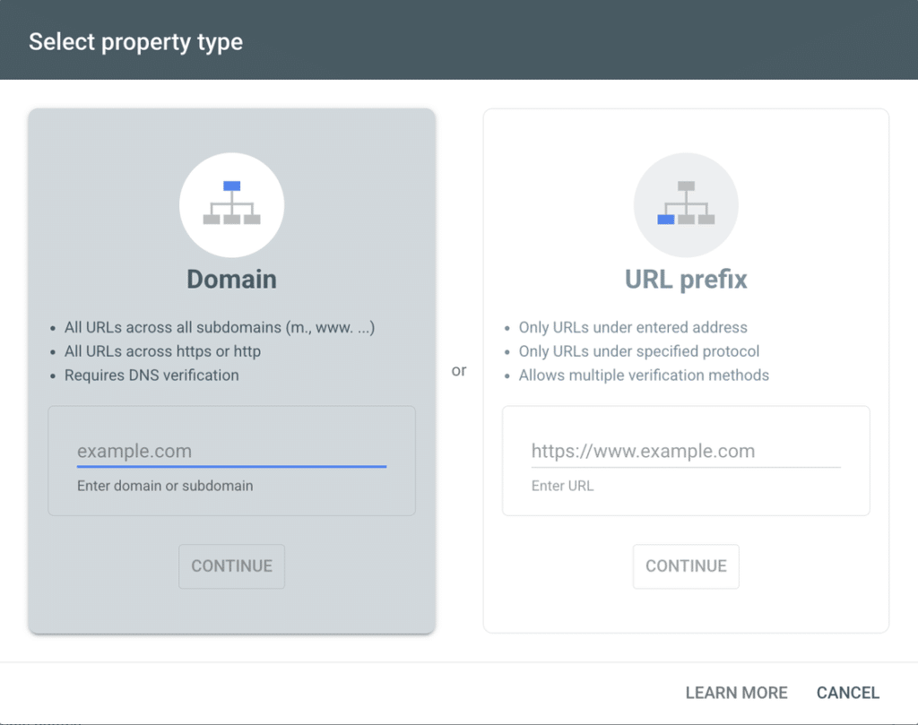 The Select property type screen in Google Search Console, comparing a Domain property against a URL prefix property