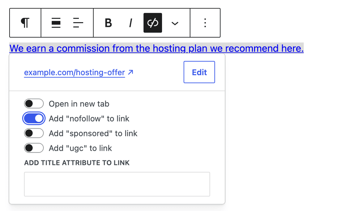 Link popover in the WordPress block editor with the nofollow toggle switched on