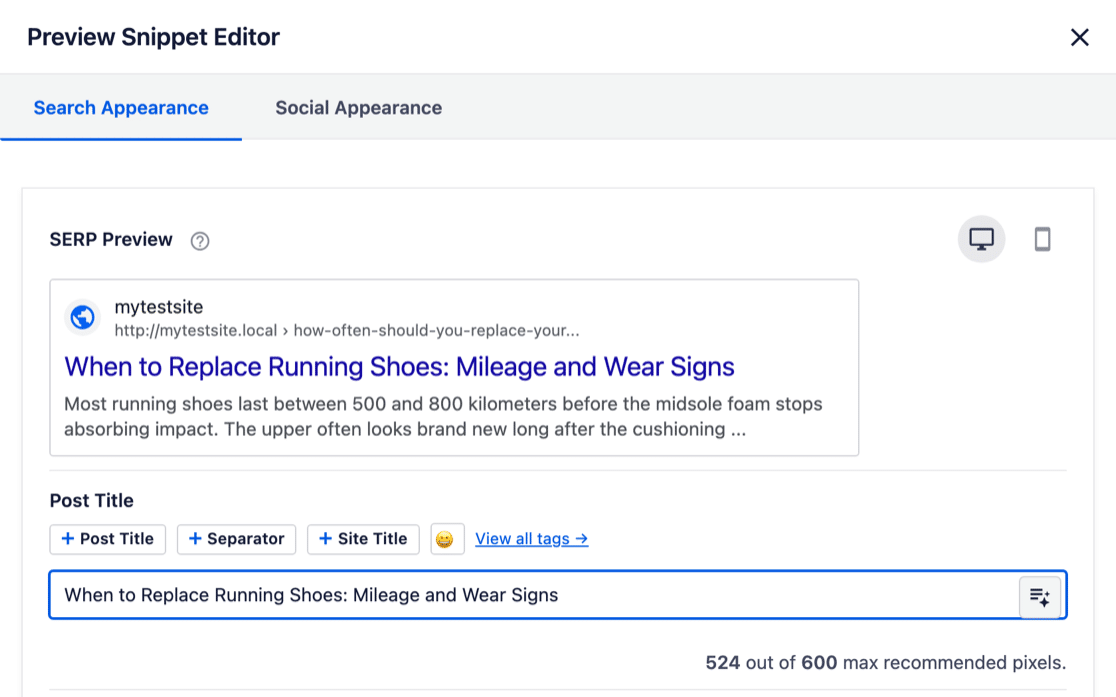 An SEO plugin's per-post SEO title field holding text different from the post title, with a search result preview above it