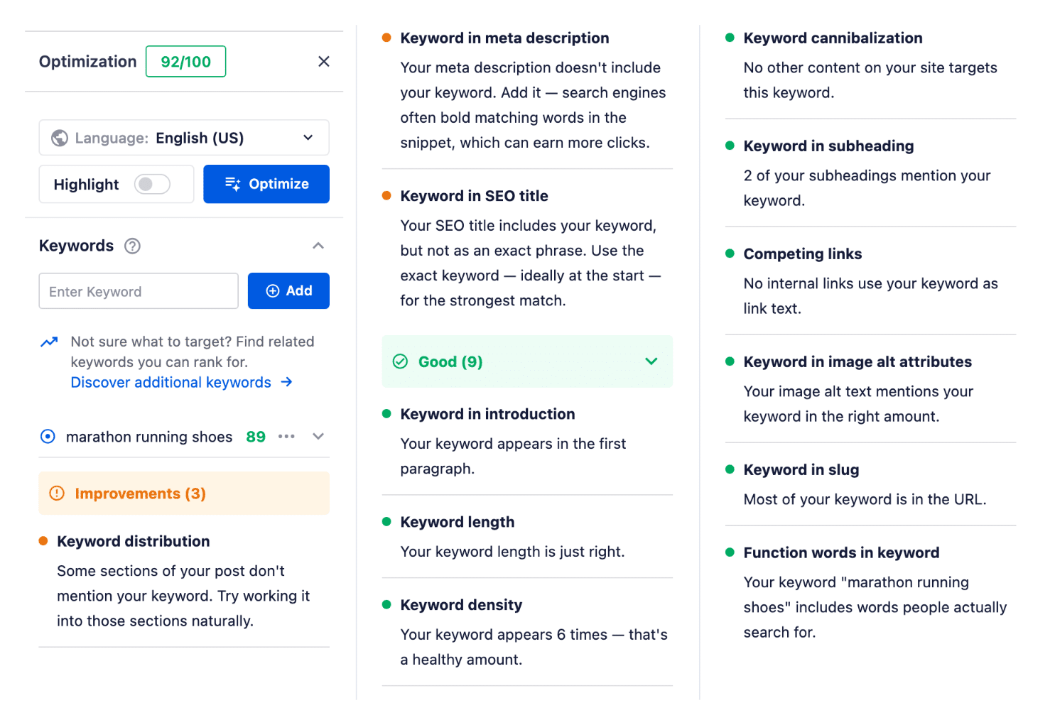 AIOSEO keyword breakdown listing all twelve checks grouped into improvements and passing items