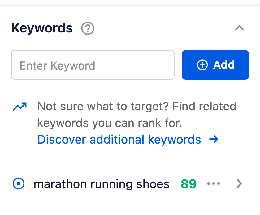 AIOSEO Keywords section with a keyword entered and its score shown beside it