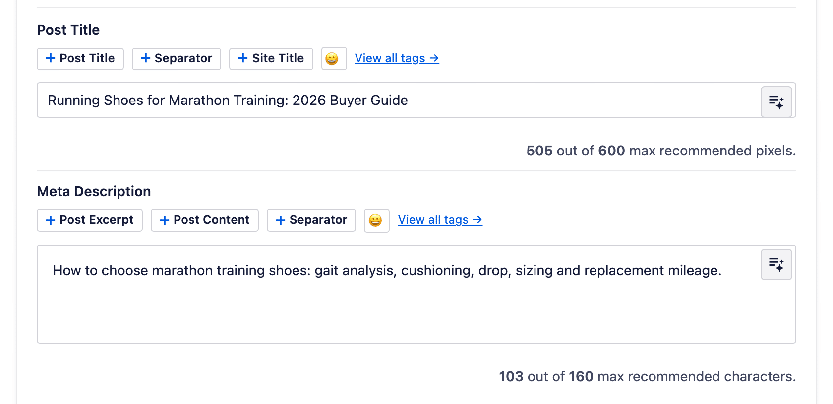 AIOSEO Preview Snippet Editor showing the post title measured in pixels above the meta description measured in characters