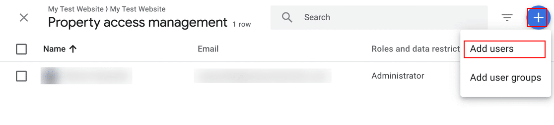 The plus button menu in Google Analytics Property access management showing Add users and Add user groups