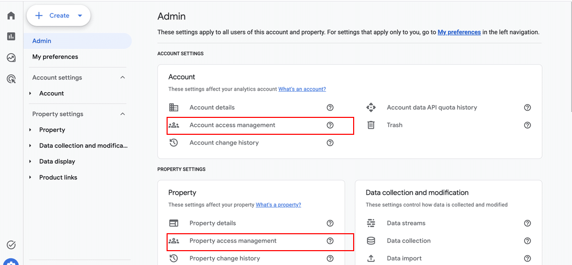 The Google Analytics Admin page showing Account access management and Property access management