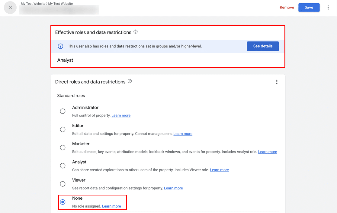 A Google Analytics user's Effective roles showing an inherited Analyst role while Direct roles is set to None