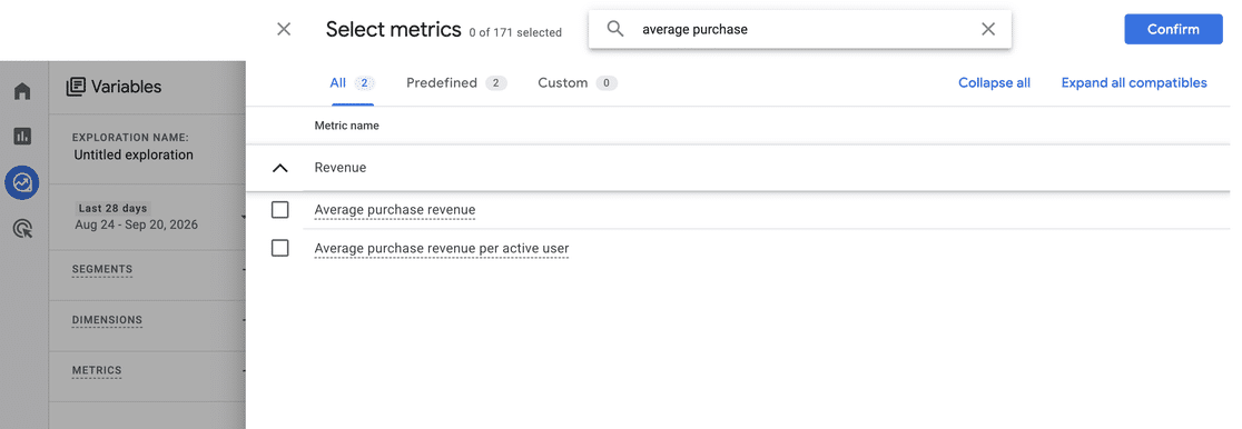 Metric picker in a Google Analytics exploration searched for average purchase, returning Average purchase revenue and Average purchase revenue per active user