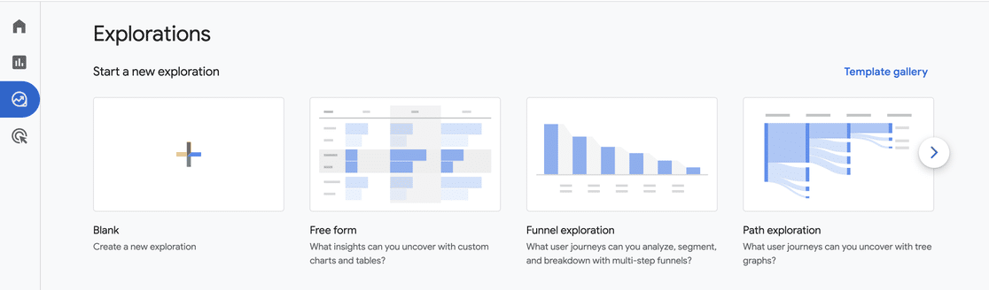The Explorations screen in Google Analytics offering the Blank, Free form, Funnel exploration and Path exploration templates