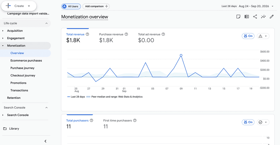 Monetization overview in Google Analytics showing total revenue, purchase revenue and total ad revenue cards, with no average order value among them
