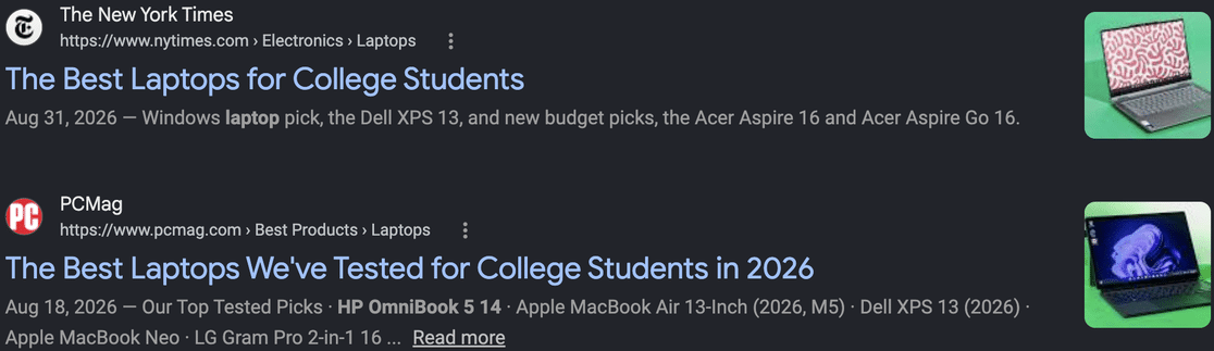 Two Google search results for best laptops for students, both titles naming the audience and the year to signal buying intent
