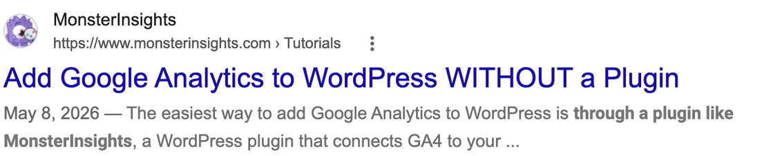 A Google search result showing the title link as the blue clickable line, with the site name and favicon above it