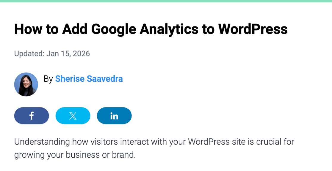 The H1 heading "How to Add Google Analytics to WordPress" rendered as the visible main heading at the top of a published blog post, above the updated date, author byline, and opening paragraph