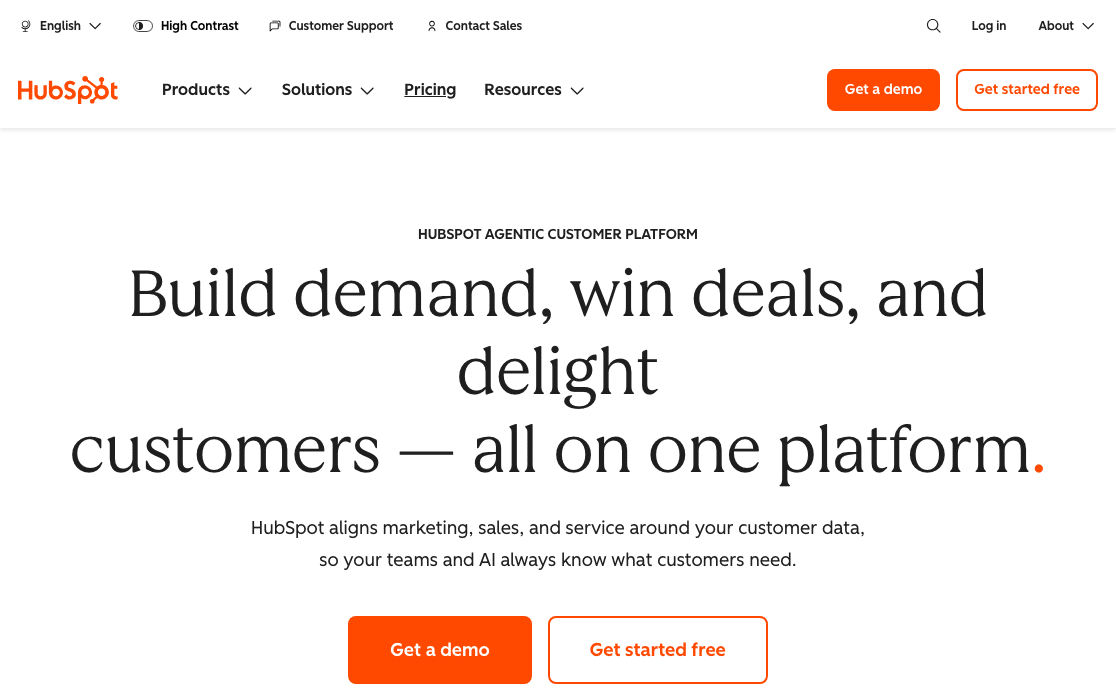 HubSpot homepage with the HubSpot Agentic Customer Platform label and the headline Build demand, win deals, and delight customers, all on one platform