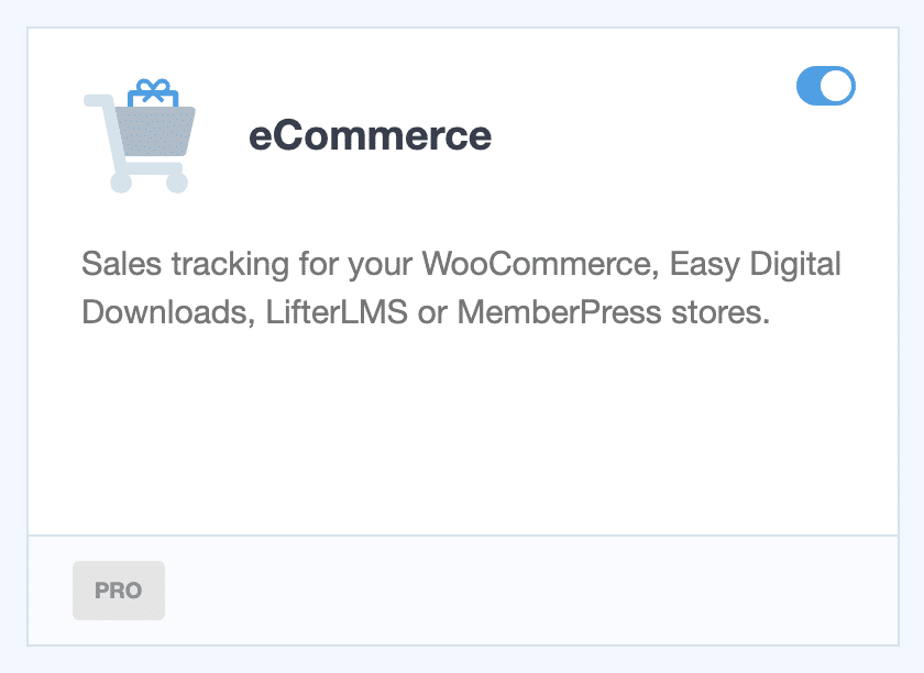 The eCommerce addon card on the MonsterInsights Addons screen with its toggle switched on and a Pro badge