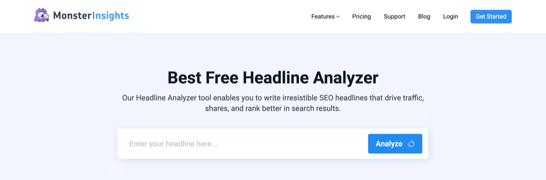 The MonsterInsights Headline Analyzer page, with the Best Free Headline Analyzer heading above an input field for your headline and a blue Analyze button.