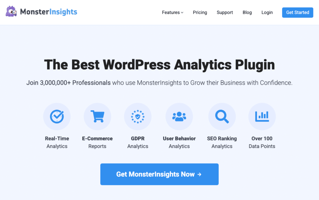 MonsterInsights homepage with icons for real-time analytics, eCommerce reports, GDPR analytics, user behavior analytics, SEO ranking analytics and over 100 data points