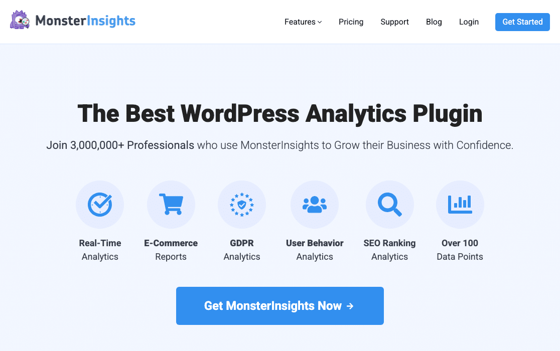 MonsterInsights homepage reading The Best WordPress Analytics Plugin, with icons for real-time analytics, eCommerce reports, GDPR analytics, user behavior analytics and SEO ranking analytics