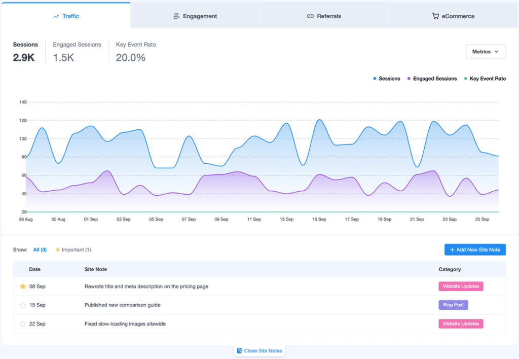Expanded Site Notes panel on the MonsterInsights Overview report, showing three dated notes about SEO changes beneath the traffic graph, with All and Important filters and Date, Site Note, and Category columns