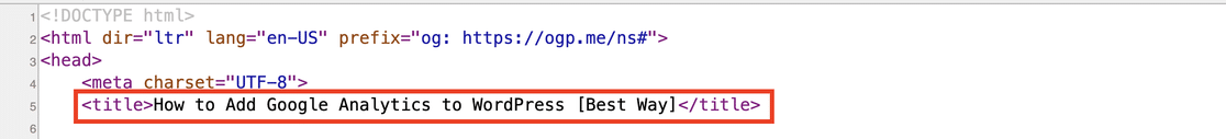 The title tag element highlighted in a page's HTML source, inside the head section