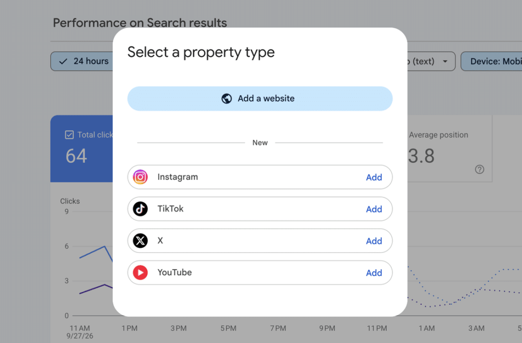The Select a property type panel in Google Search Console, offering Add a website above Instagram, TikTok, X and YouTube platform options