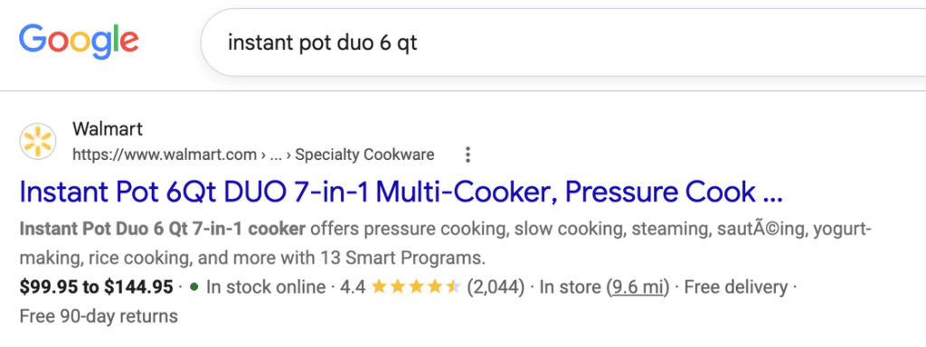 A Google search for a product showing a result with a price range, stock availability, a star rating and delivery terms