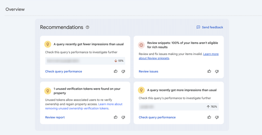 The Recommendations panel on the Google Search Console Overview page, showing four suggestion cards about query impressions, review snippets and verification tokens