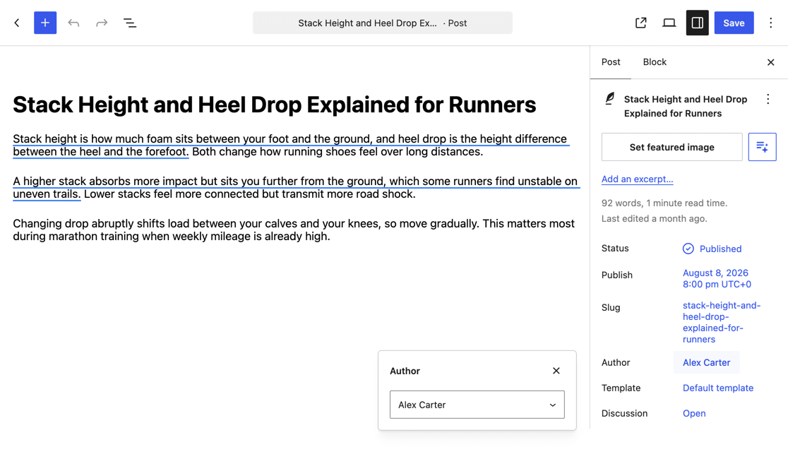 WordPress block editor with the Author popover open in the Post settings sidebar of a published post, and the Save button in the top-right header