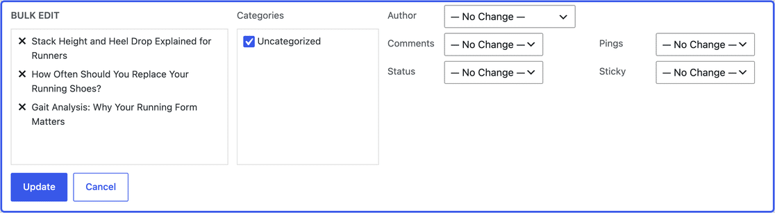 WordPress Bulk Edit panel listing three selected posts, with the Author dropdown set to No Change
