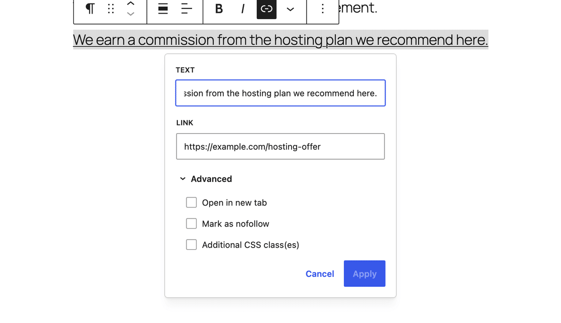 Advanced section of the WordPress link popover showing the Mark as nofollow checkbox