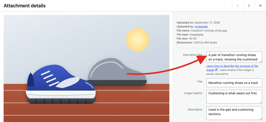 The WordPress media settings panel with a red arrow pointing at the Alternative Text field, shown below the file name and above the Title and Image Caption fields.