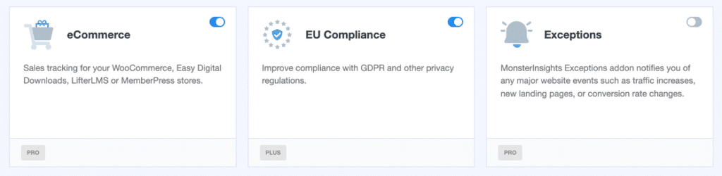 eCommerce addon card in MonsterInsights with its toggle turned on, next to the EU Compliance and Exceptions addons