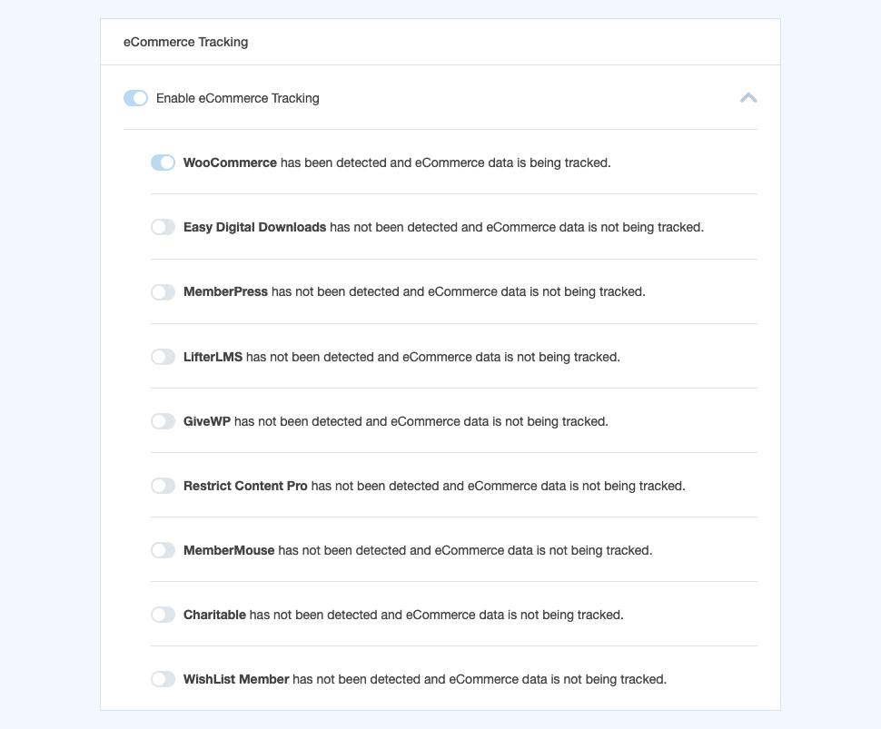 a4-ecommerce-settings-tab - MonsterInsights MonsterInsights eCommerce settings tab with Enable eCommerce Tracking turned on and WooCommerce detected
