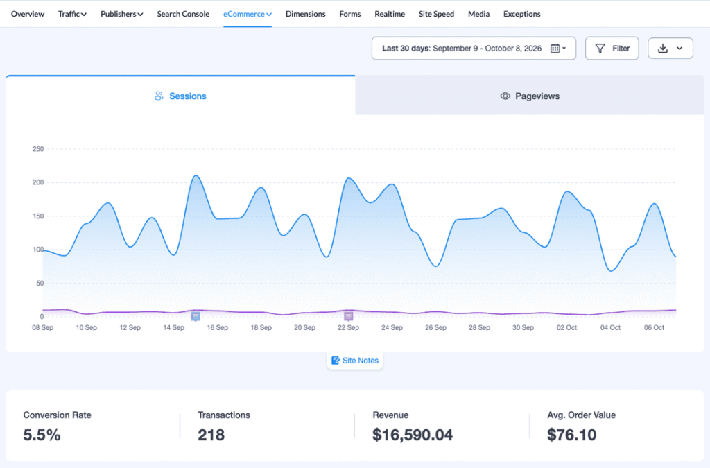 MonsterInsights eCommerce Overview report showing Conversion Rate, Transactions, Revenue and Avg. Order Value