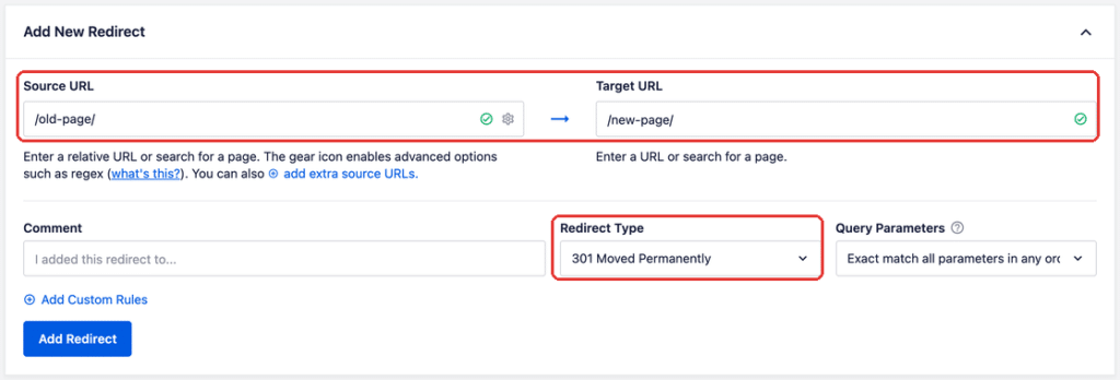 Add New Redirect form in All in One SEO with /old-page/ as the Source URL, /new-page/ as the Target URL and the Redirect Type set to 301 Moved Permanently