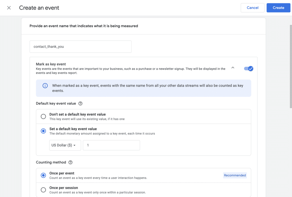 Google Analytics Create an event form with Mark as key event turned on and the Default key event value and Counting method options