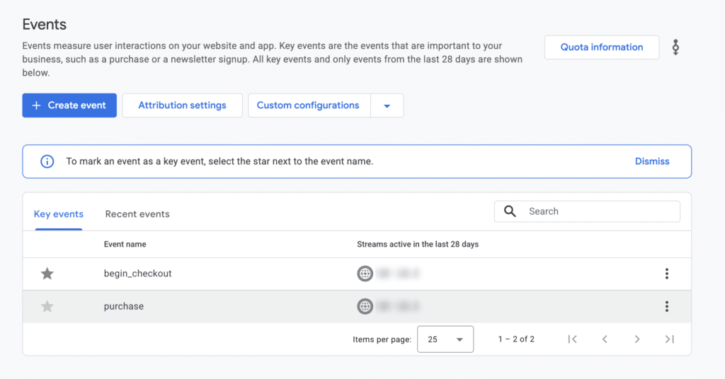 Google Analytics Events page with a star next to each event name for marking it as a key event