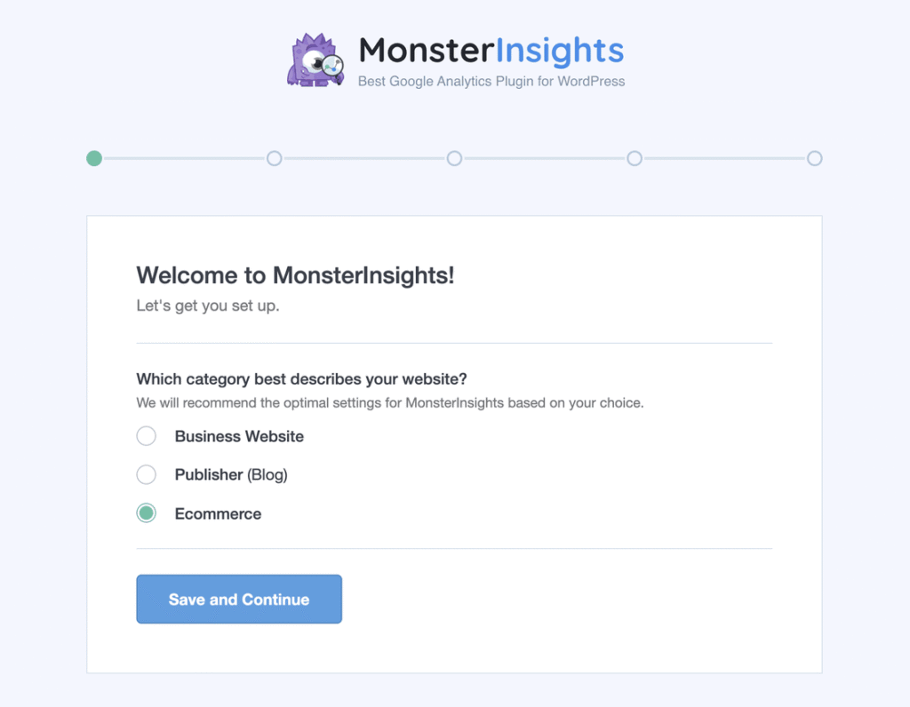 MonsterInsights setup wizard asking which category best describes your website, with Business Website, Publisher (Blog) and Ecommerce options