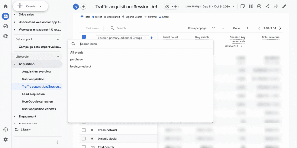 Traffic acquisition report in Google Analytics with the Key events dropdown open, listing All events, purchase and begin_checkout