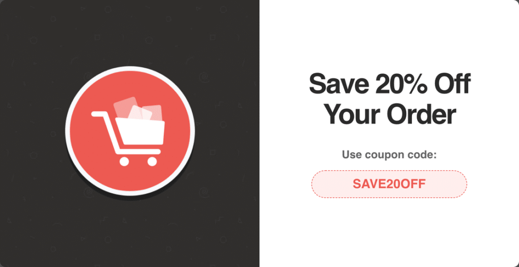 OptinMonster Abandoned Checkout Coupon popup template reading Save 20% Off Your Order with the coupon code SAVE20OFF