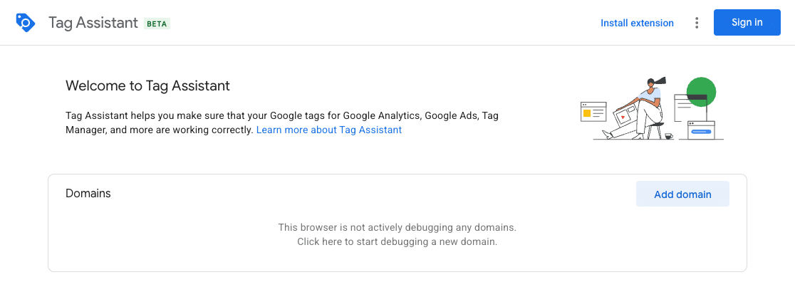 Google Tag Assistant home page with the Add domain button