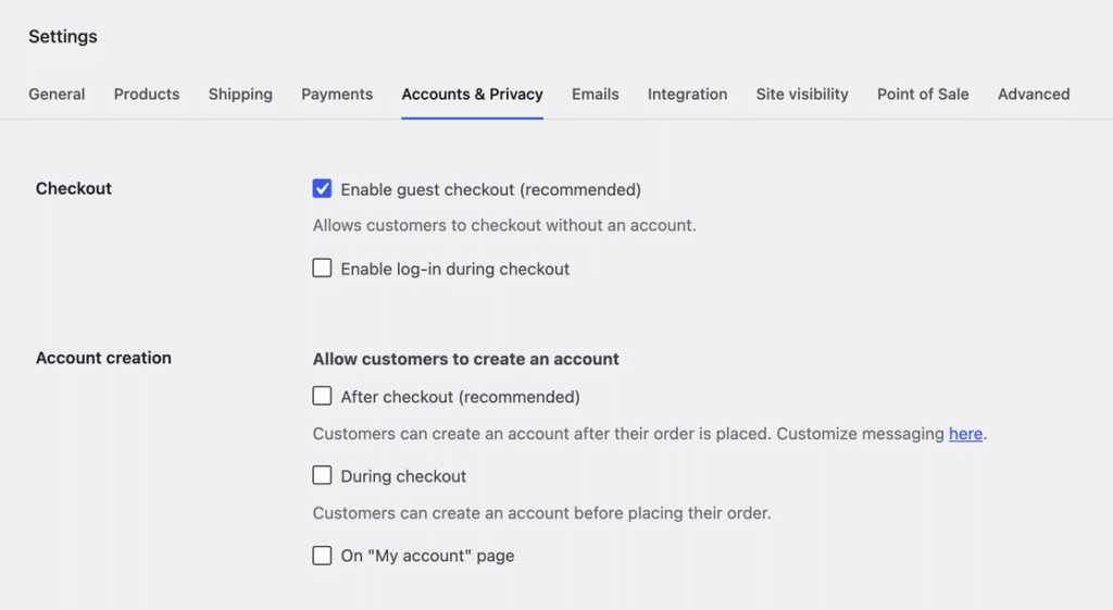 WooCommerce Accounts & Privacy settings with Enable guest checkout (recommended) checked and the account creation options, including After checkout (recommended), shown unchecked